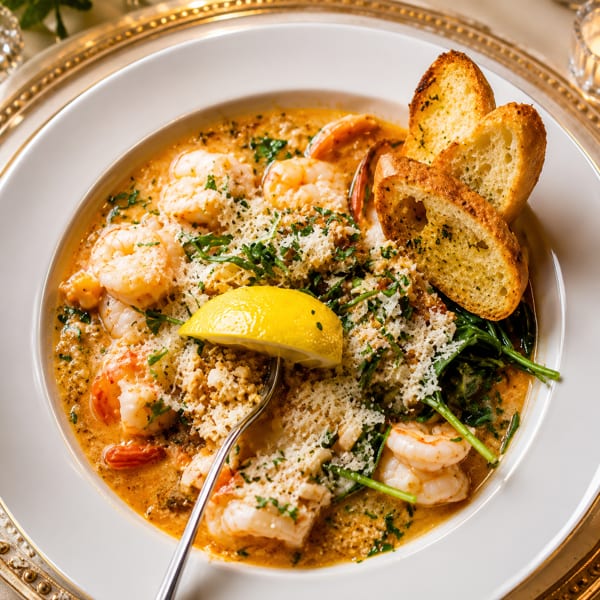 Shrimp and grits with a lemon wedge, parsley, and toasted bread in a white bowl.