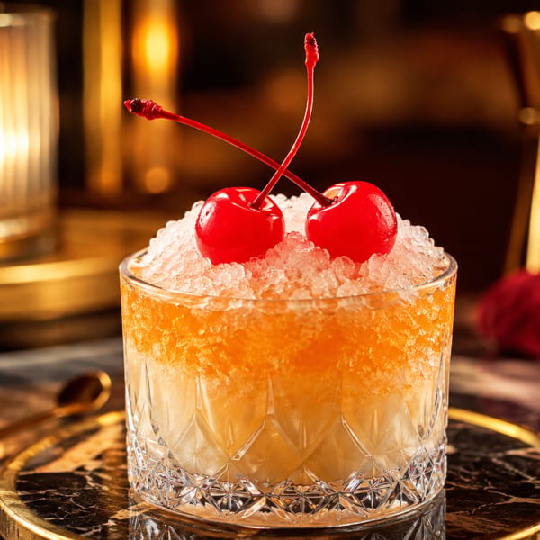 A vibrant orange cocktail with crushed ice and two bright red cherries in a cut glass.