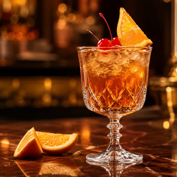 A cocktail with ice, orange slice, and cherries in a cut glass on a bar with blurred background.