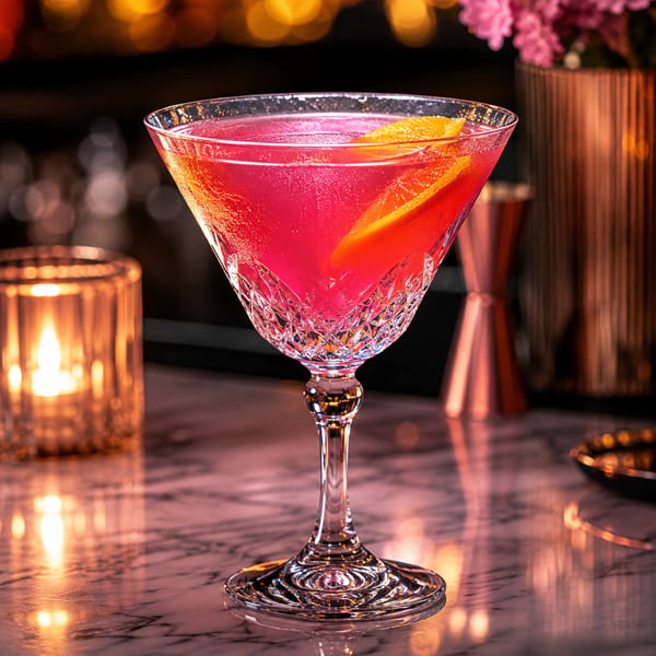 Pink cocktail with an orange slice in a crystal glass on a marble bar with a candle.