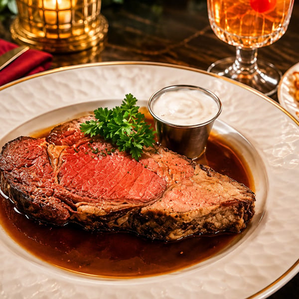 Prime rib with au jus, horseradish sauce, and hash browns on a dark table.
