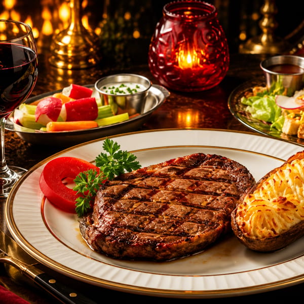 Grilled steak and twice-baked potato on a white plate, with wine, crudités, and salad.