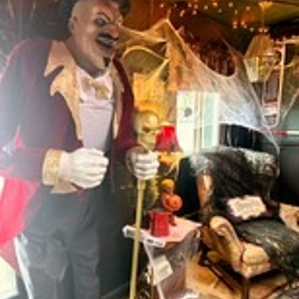Costumed waiter holds a tray beside a seated diner in a warmly lit restaurant decorated with string lights.