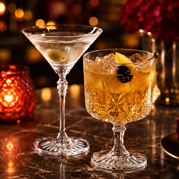 A martini and an Old Fashioned cocktail on a marble bar with a red candle and flowers.