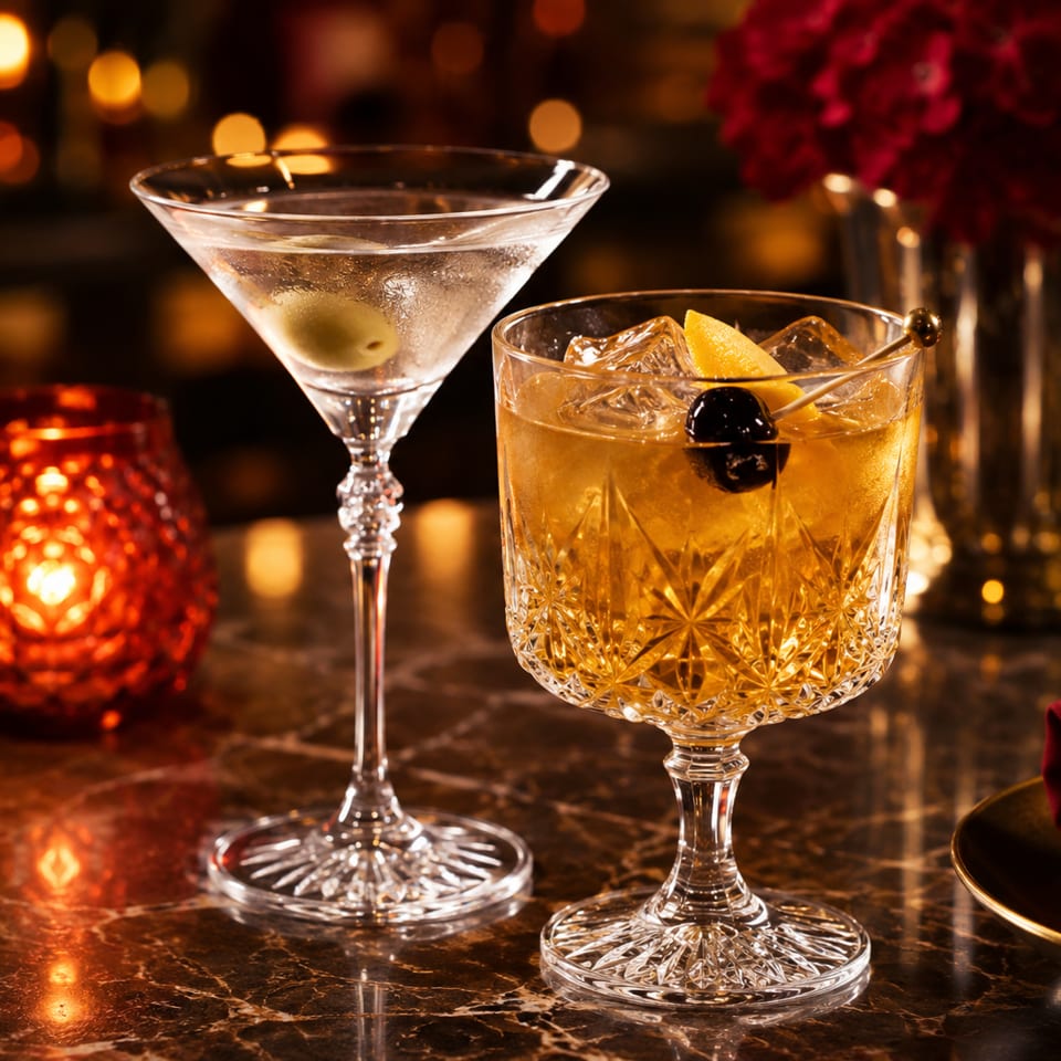 A martini and an Old Fashioned cocktail on a marble bar with a red candle and flowers.