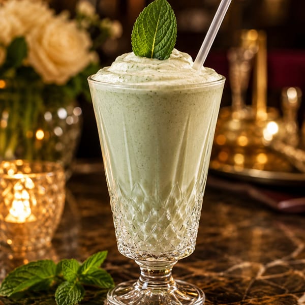 Mint green milkshake in a crystal glass with a straw, garnished with fresh mint, on a marble table.