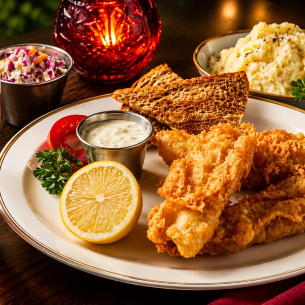 Golden fried fish, lemon, tartar sauce, coleslaw, mashed potatoes, and beer on a wooden table.