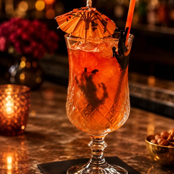 A Halloween-themed cocktail with an orange umbrella, straw, and spooky hand on a bar.